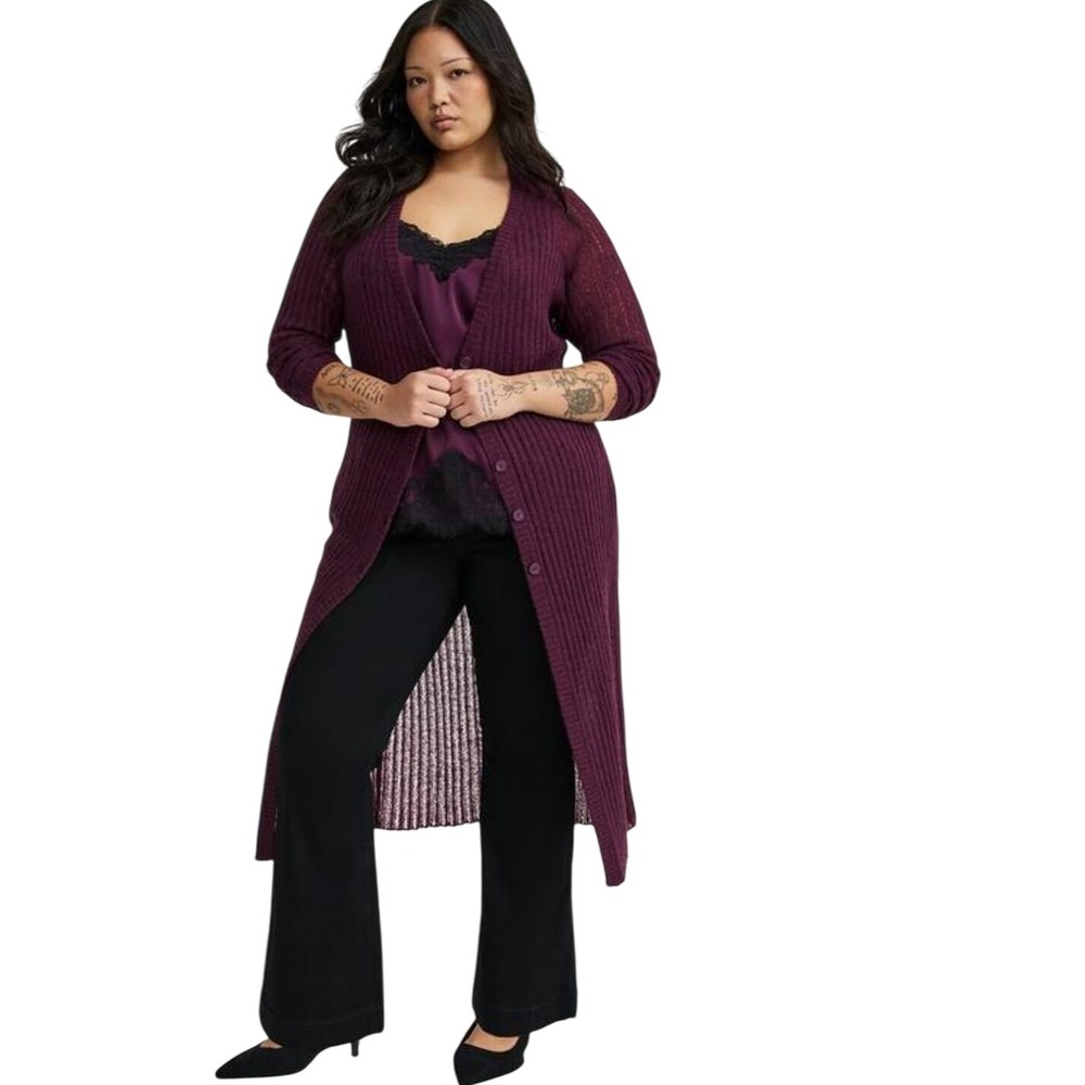Torrid Purple Knit Long Duster Cardigan Sweater button front plus Size 4X fall